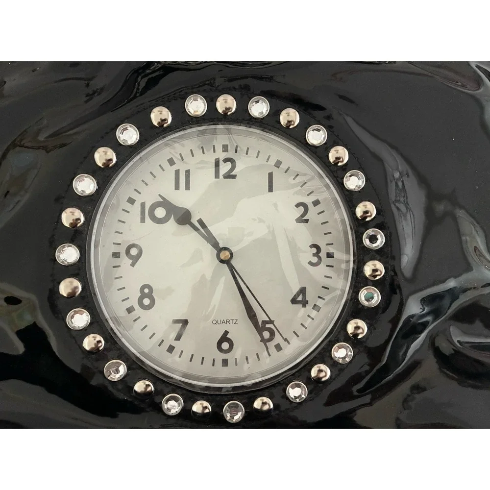 Vintage Far Nine Clock Purse Black Faux Patent Leather Rhinestones Works Y2K